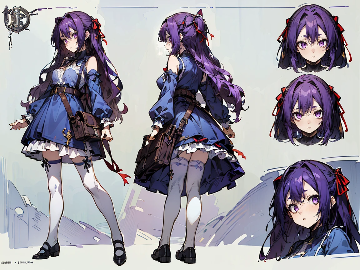 (((three-sided view, front view, side view, back view, multiple views, multiple poses and expressions, many parts)), concept art, character concept art, character sheet, Full body, illustration, (simple background, gray background), 1 character, 1girl, fantasy art:1.1), (reo mikage:0.7), blue lock, girls with((purple hair, bangs, (one side up, long wavy hair, ribbon:1.55), perfect hands, perfect fingers, (exposed breasts, tits cleavage, breasts close up:1.2), dress((suspenders, dress, belt, nun:1.15), (blue clothes, frills shirt, no sleeves, sleeveless, frills panniers, long sleeves, white legwear, thighhighs, single thighhighs, single legwear, black footwear, strap shoes:1.42))