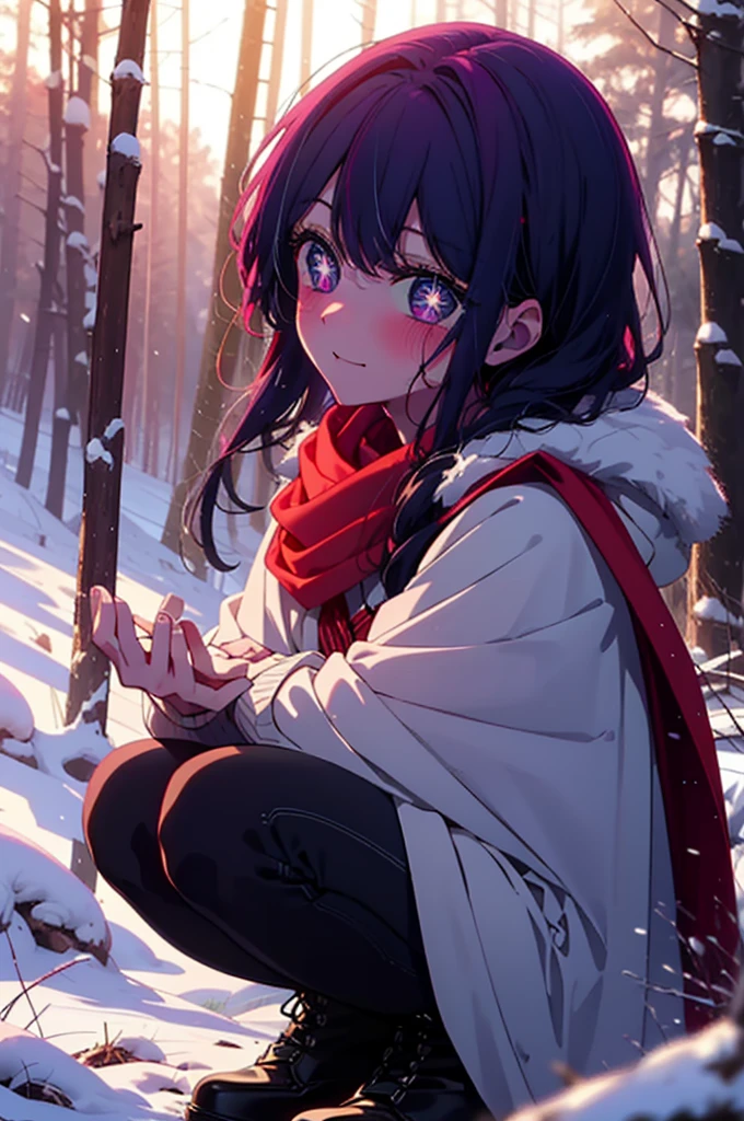 aihoshino, Ai Hoshino, Long Hair, bangs, (Purple eyes:1.1), Purple Hair, (Symbol-shaped pupil:1.5), smile,,smile,blush,White Breath,
Open your mouth,snow,Ground bonfire, Outdoor, boots, snowing, From the side, wood, suitcase, Cape, Blurred, , forest, White handbag, nature, Squat, Mouth closed, Cape, winter, Written boundary depth, Black shoes, red Cape break looking at viewer, Upper Body, whole body, break Outdoor, forest, nature, break (masterpiece:1.2), Highest quality, High resolution, unity 8k wallpaper, (shape:0.8), (Beautiful and beautiful eyes:1.6), Highly detailed face, Perfect lighting, Extremely detailed CG, (Perfect hands, Perfect Anatomy),