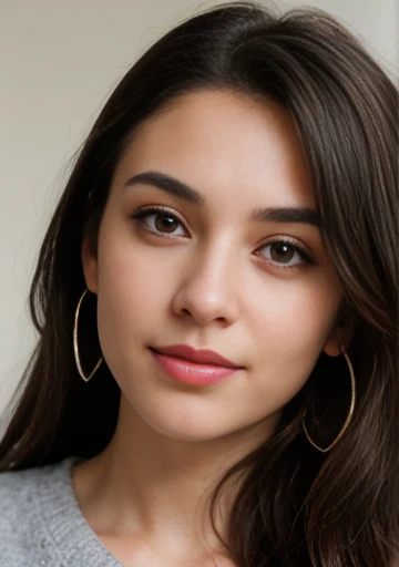 Closup shot of  A brown eye young woman with long dark hair and brown eyes is looking at the camera with a slight smile. She is wearing a grey sweater and has a silver nose ring and earrings. The background is a blurry red. The image has a soft, natural feel to it.[young woman, portrait, looking at camera, slight smile, grey sweater, silver nose ring and earrings, blurry red background, soft, natural feel], [art, realistic, photorealistic, detailed], [85mm lens, natural lighting, soft colors, shallow depth of field, smooth skin, clear eyes]