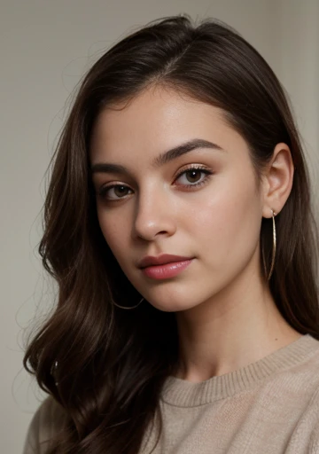 Closup shot of  A brown eye young woman with long dark hair and brown eyes is looking at the camera with a slight smile. She is wearing a grey sweater and has a silver nose ring and earrings. The background is a blurry red. The image has a soft, natural feel to it.[young woman, portrait, looking at camera, slight smile, grey sweater, silver nose ring and earrings, blurry red background, soft, natural feel], [art, realistic, photorealistic, detailed], [85mm lens, natural lighting, soft colors, shallow depth of field, smooth skin, clear eyes]