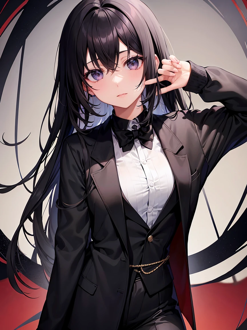 Black hair, black eyeale:2.5、solo、Black Suit
