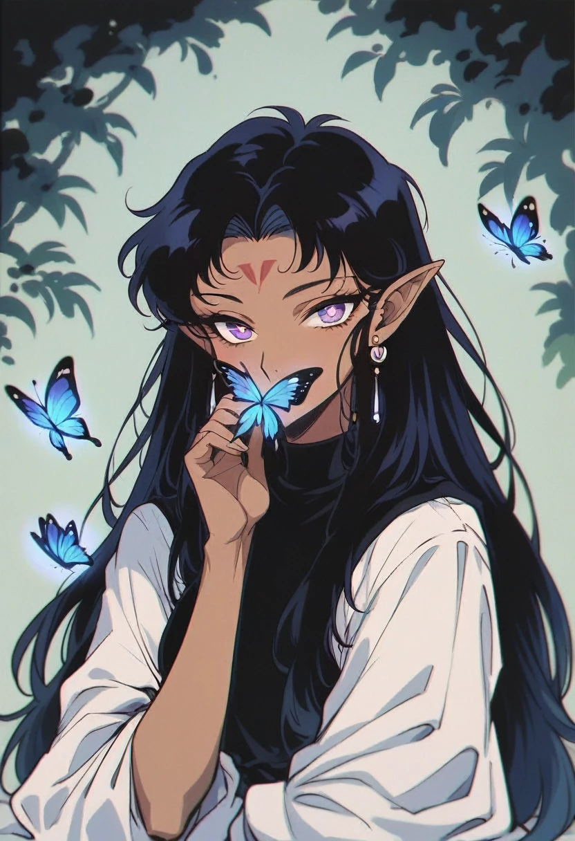 score_9,score_8_up,score_7_up,score_6_up,score_5_up,score_4_up 1girl,solo,long hair,looking at viewer,black hair,jewelry,purple eyes,earrings,pointy ears,hand up,dark skin,dark-skinned female,symbol-shaped pupils,floating hair,glowing,facial mark,bug,butterfly,portrait,forehead mark,covering mouth,covered mouth Vintage, 1990s \(style\)