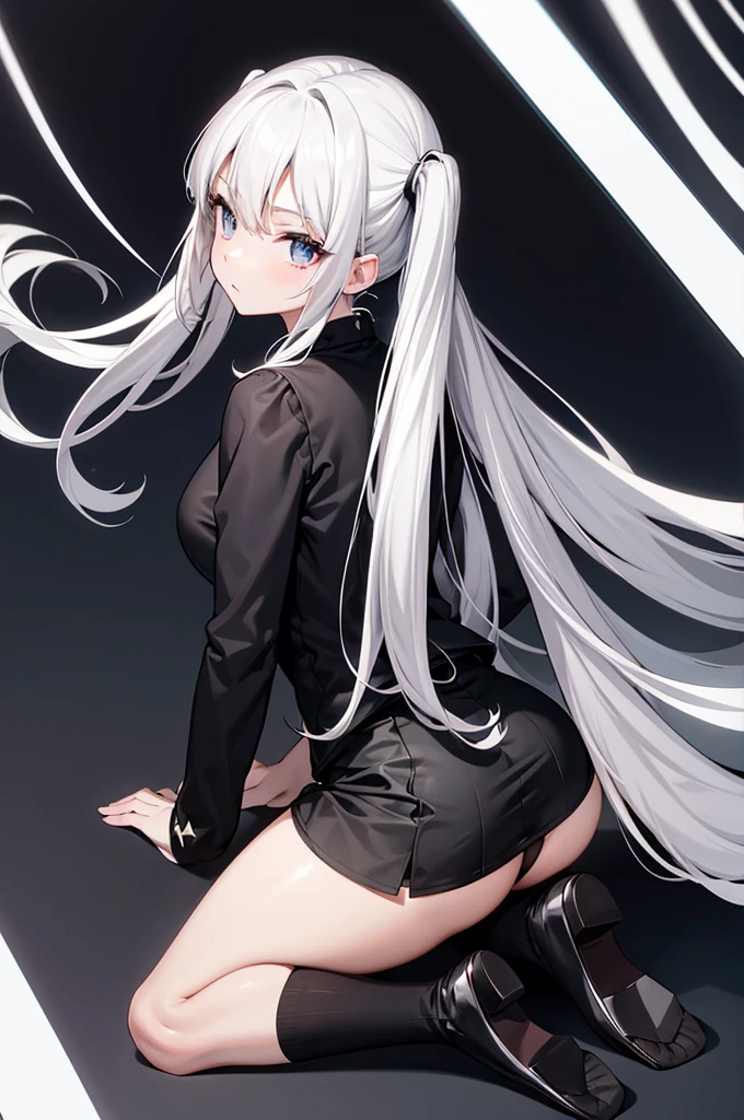 White capellets、Black high neck shirt、 black tights, looking back, 、clear face, silver hair, twintails, Black tight mini skirt, anime, masterpiece, best quality, 4K,full body