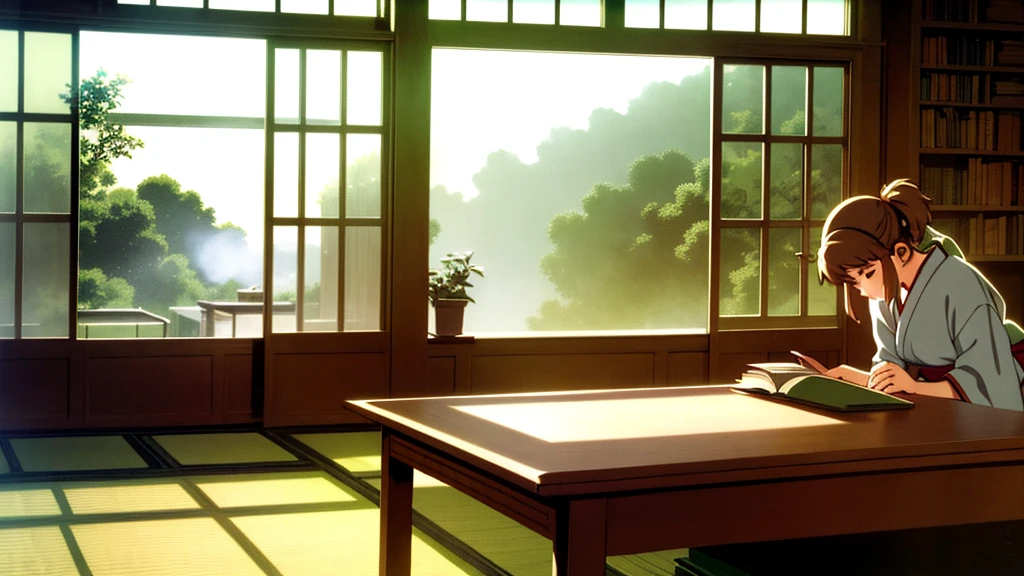 Create a tranquil scene perfect for a lo-fi music video. The setting is a japanese  in a cozy study nook in a quiet library. The space features a wooden desk cluttered with open books, a laptop, and a steaming cup of tea. Soft, warm light filters in through a nearby window, casting gentle shadows. An anime-style character sits at the desk, wearing headphones and deeply engrossed in their studies. The background includes shelves filled with books, some green plants for a touch of nature, and soft, ambient colors to evoke a sense of calm and relaxation. The overall atmosphere should be serene and inviting, ideal for a lo-fi music video.