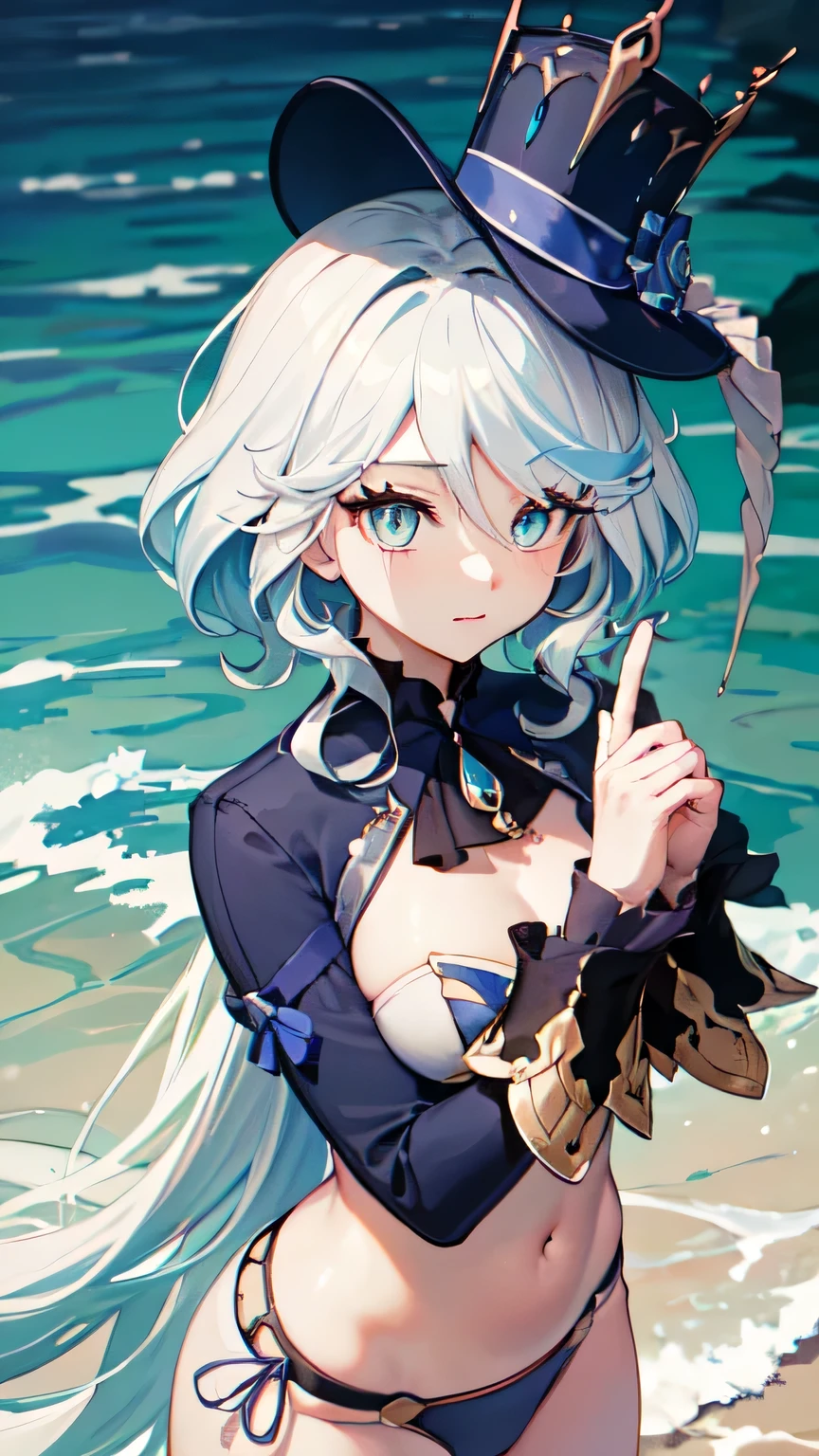 (White skirt),(((Wearing a small black hat)))Forrina, Surrealism, 8K, Super Detail, Hydraulic Archon, permanent, Naughty face, smug, beautiful eyes, masterpiece, high resolution, 8K, Anime woman, The writing is delicate and meticulous 、Detailed digital illustration、(((Genshin Impact))、Shiny hair、A very beautiful woman、High image quality, high quality、Detailed background、The inside of the eye sparkles like a diamond、(((Blue Hair)))、(((Scan your fringe)))、Gradient pupil、(((2 arms、4 fingers, 1 thumb)))、Detailed female face、A very beautiful woman、、Detailed background、masterpiece、Soft Focus , Bright gradient watercolor , lens flare , (((flash))) , glow , excellent ,、((Very beautiful light blue rose hair accessories)), Swimsuit,Beach Background,Standing in water swimming