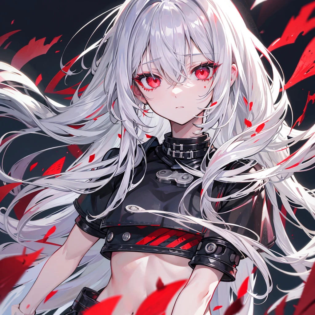 Silver hair, red eyes, unfocused eyes, rotten skin, long hair, B CUP 