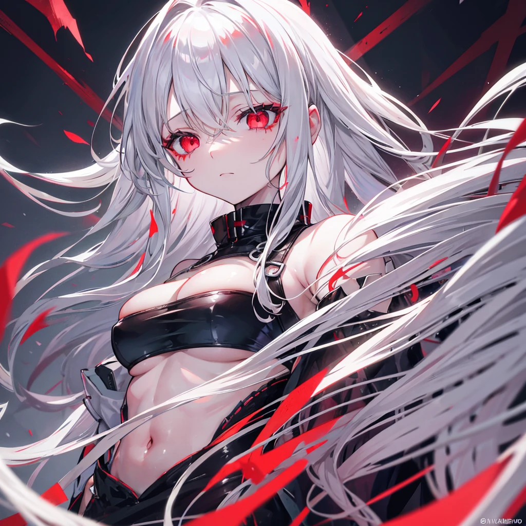 Silver hair, red eyes, unfocused eyes, rotten skin, long hair, B CUP 