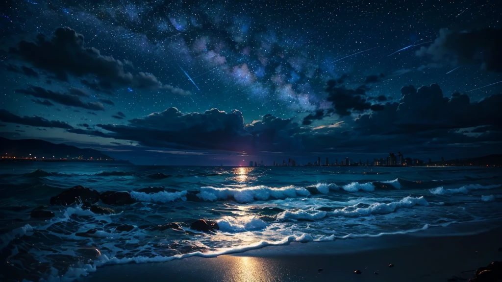 Masterpiece,best quality,nighttime,outdoor,sky,ocean,view,