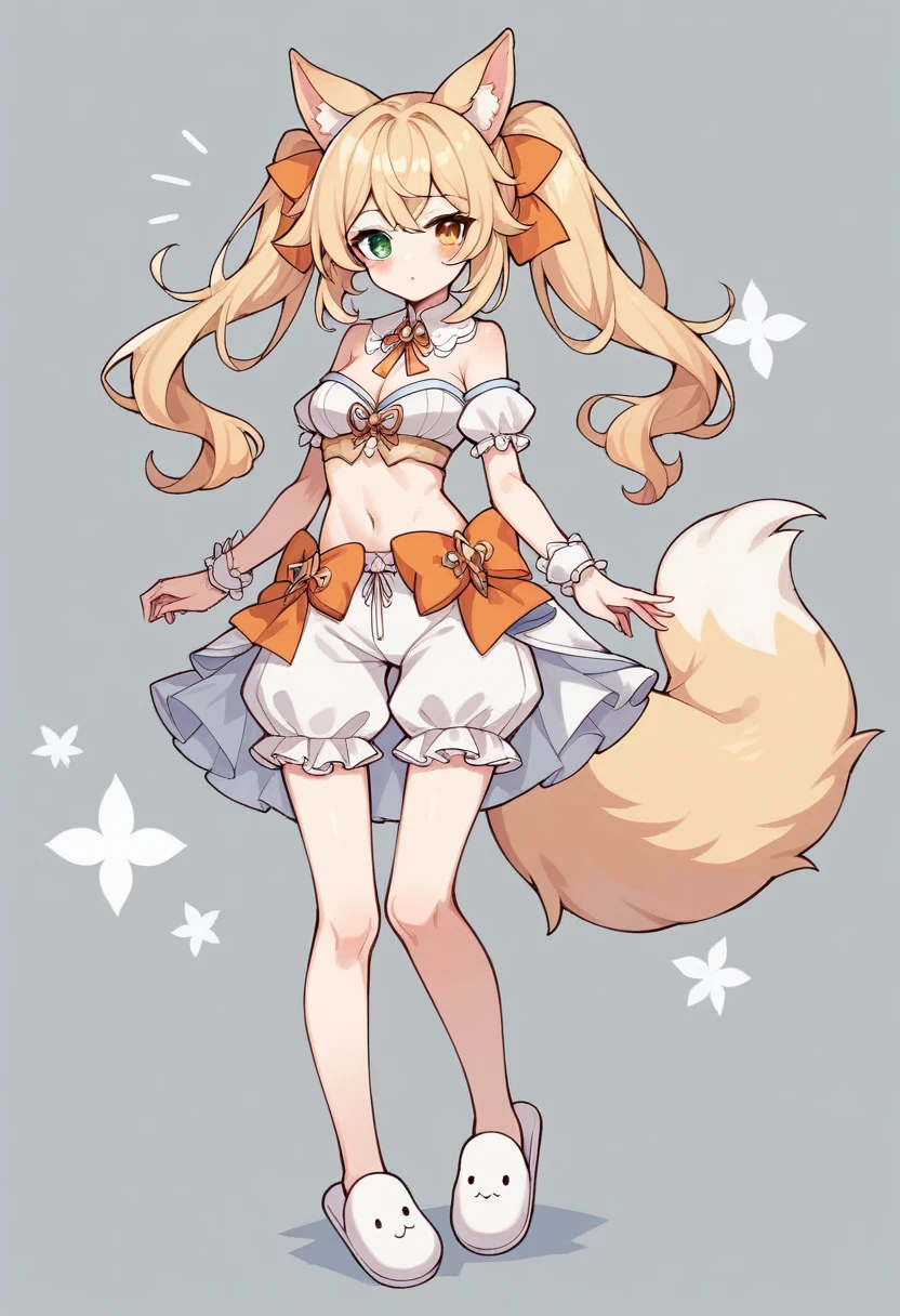 1girl, animal ears, bangs, bare shoulders, blonde hair, blush, bow, breasts, white cleavage, cropped torso, , green eyes, hair ribbon, heterochromia, stlooking at viewer, orange bow, orange eyes, orange ribbon, ears like an unearthly animal, fluffy tail, light tail, real tail, ribbon, solo, stuffed animal,twintails, upper body, full-length, white legbands, white shoes with lace and white bows, white background, wrist cuffs, yellow eyes, bloomers, close-up, fair skin frills, lace, midriff, skirt, solo, , white background,shorts, white top with ribbon and lace and trousers,trousers, genshin,white slippers with a bow,All clothes are white, laceAt full height, it stands, в полный рост,completely nakedwhite slippers with a bow