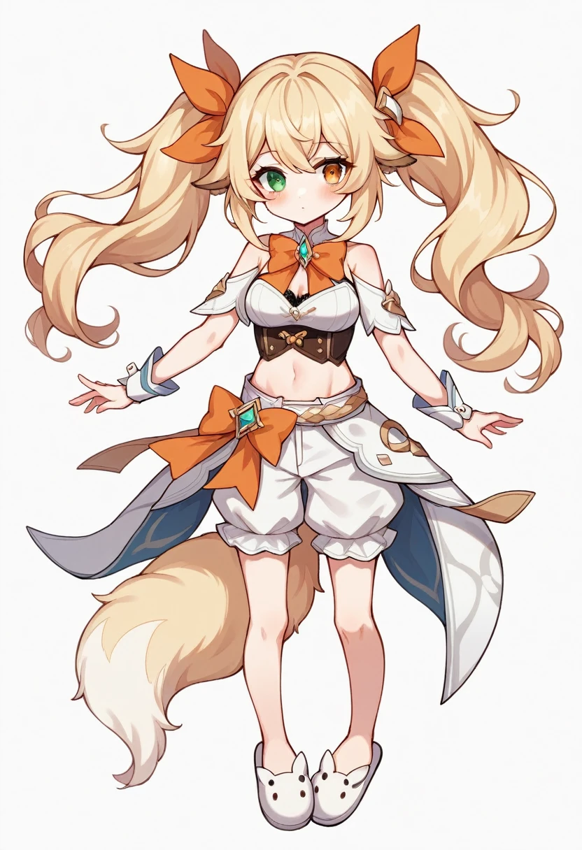 1girl, animal ears, bangs, bare shoulders, blonde hair, blush, bow, breasts, white cleavage, cropped torso, , green eyes, hair ribbon, heterochromia, stlooking at viewer, orange bow, orange eyes, orange ribbon, ears like an unearthly animal, fluffy tail, light tail, real tail, ribbon, solo, stuffed animal,twintails, upper body, full-length, white legbands, white shoes with lace and white bows, white background, wrist cuffs, yellow eyes, bloomers, close-up, fair skin frills, lace, midriff, skirt, solo, , white background,shorts, white top with ribbon and lace and trousers,trousers, genshin,white slippers with a bow,All clothes are white, laceAt full height, it stands, в полный рост,completely nakedwhite slippers with a bow