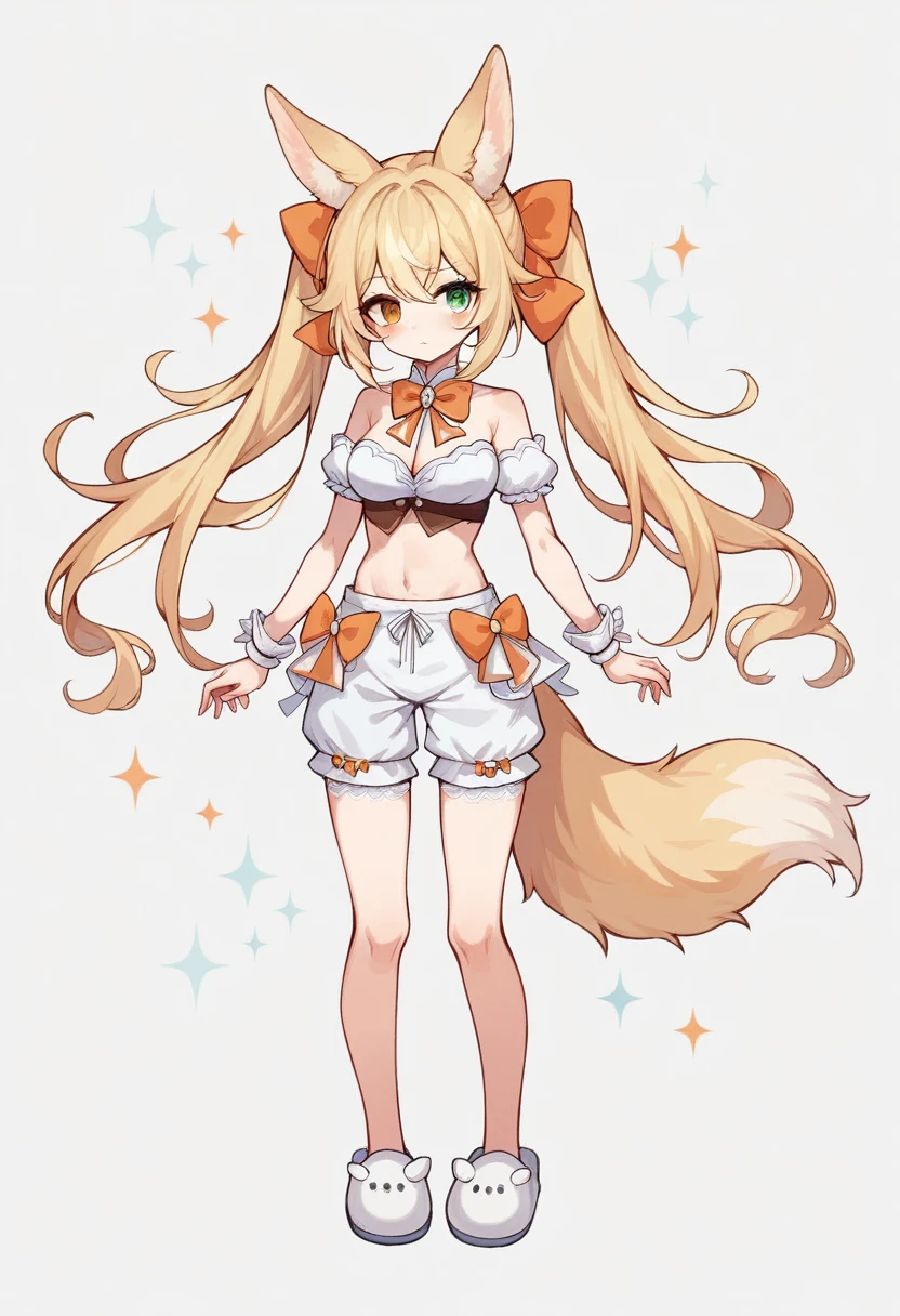 1girl, animal ears, bangs, bare shoulders, blonde hair, blush, bow, breasts, white cleavage, cropped torso, , green eyes, hair ribbon, heterochromia, stlooking at viewer, orange bow, orange eyes, orange ribbon, ears like an unearthly animal, fluffy tail, light tail, real tail, ribbon, solo, stuffed animal,twintails, upper body, full-length, white legbands, white shoes with lace and white bows, white background, wrist cuffs, yellow eyes, bloomers, close-up, fair skin frills, lace, midriff, skirt, solo, , white background,shorts, white top with ribbon and lace and trousers,trousers, genshin,white slippers with a bow,All clothes are white, laceAt full height, it stands, в полный рост,completely nakedwhite slippers with a bow