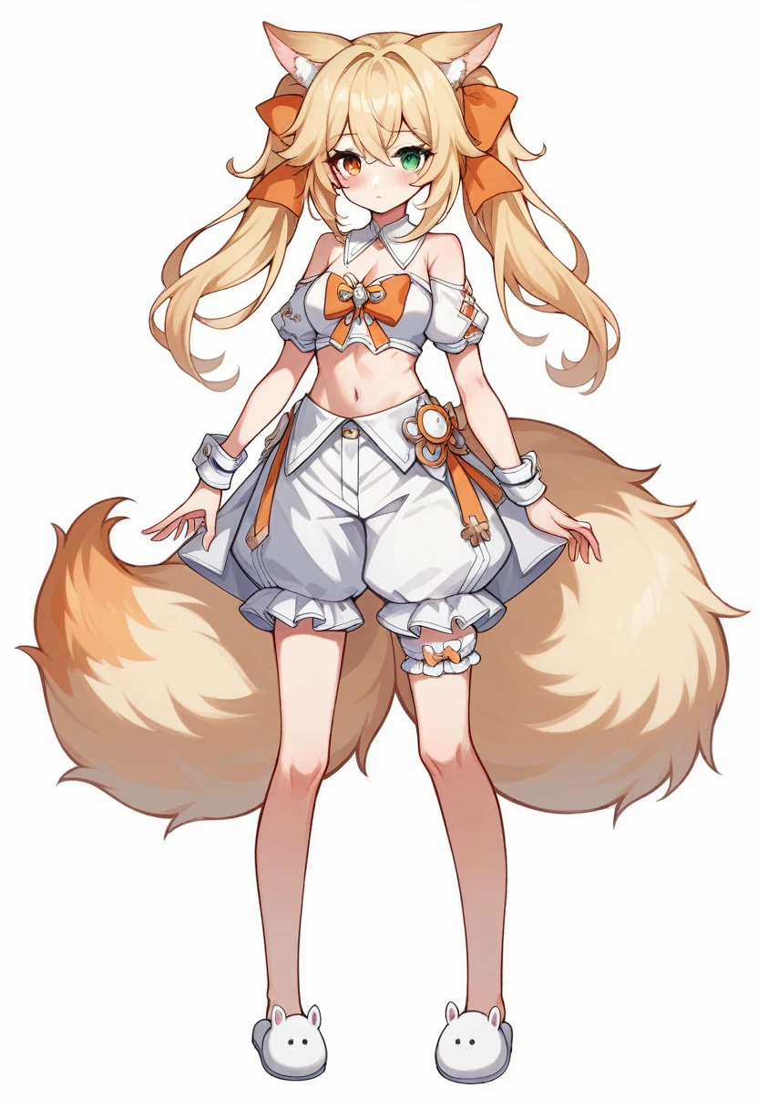 1girl, animal ears, bangs, bare shoulders, blonde hair, blush, bow, breasts, white cleavage, cropped torso, , green eyes, hair ribbon, heterochromia, stlooking at viewer, orange bow, orange eyes, orange ribbon, ears like an unearthly animal, fluffy tail, light tail, real tail, ribbon, solo, stuffed animal,twintails, upper body, full-length, white legbands, white shoes with lace and white bows, white background, wrist cuffs, yellow eyes, bloomers, close-up, fair skin frills, lace, midriff, skirt, solo, , white background,shorts, white top with ribbon and lace and trousers,trousers, genshin,white slippers with a bow,All clothes are white, laceAt full height, it stands, в полный рост,completely nakedwhite slippers with a bow