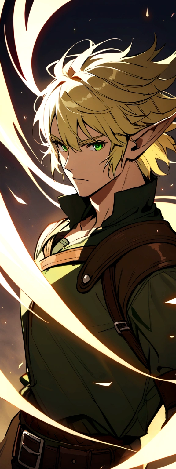 adult man, blond, shorth hair, elf ears, greeneyes, adventurer outfit