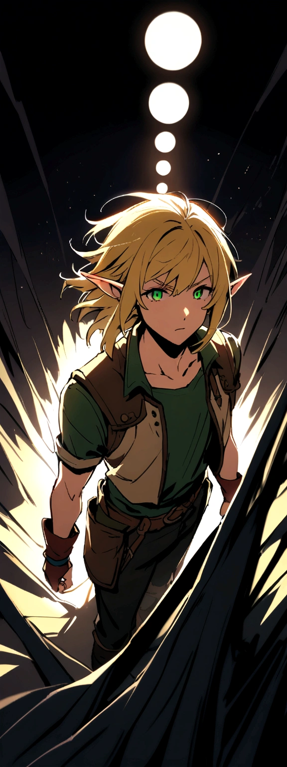 adult man, blond, shorth hair, elf ears, greeneyes, adventurer outfit
