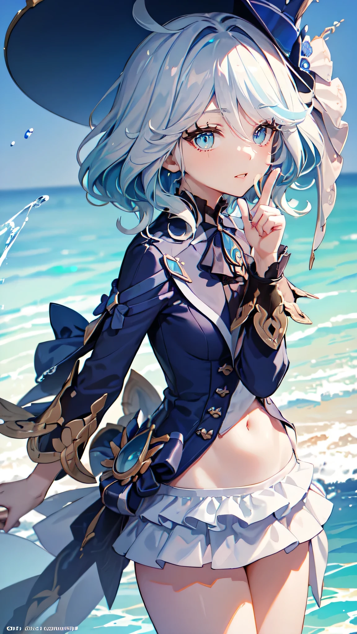 (White skirt),(((Wearing a small black hat)))Forrina, Surrealism, 8K, Super Detail, Hydraulic Archon, permanent, Naughty face, smug, beautiful eyes, masterpiece, high resolution, 8K, Anime woman, The writing is delicate and meticulous 、Detailed digital illustration、(((Genshin Impact))、Shiny hair、A very beautiful woman、High image quality, high quality、Detailed background、The inside of the eye sparkles like a diamond、(((Blue Hair)))、(((Scan your fringe)))、Gradient pupil、(((2 arms、4 fingers, 1 thumb)))、Detailed female face、A very beautiful woman、、Detailed background、masterpiece、Soft Focus , Bright gradient watercolor , lens flare , (((flash))) , glow , excellent ,、((Very beautiful light blue rose hair accessories)), Swimsuit,Beach Background,Standing in water swimming