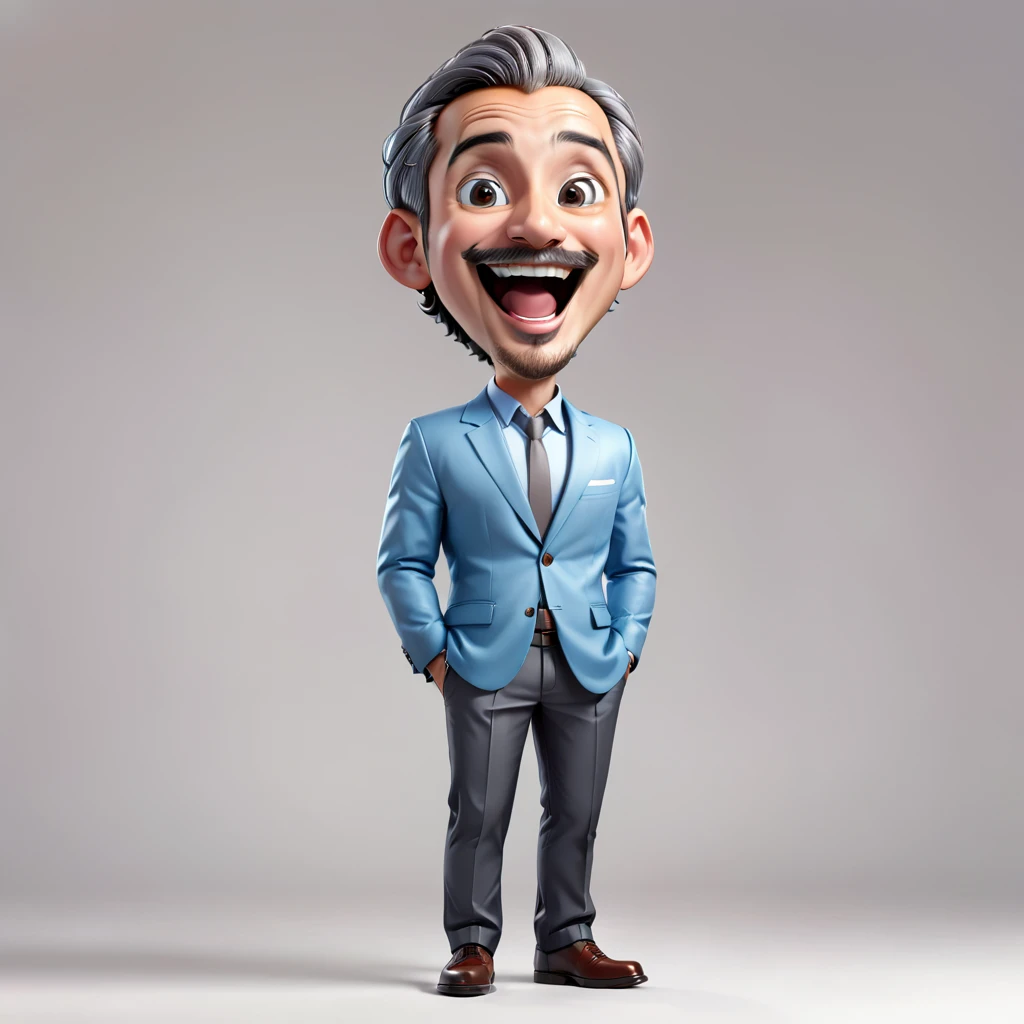 Create a realistic full body 4D cartoon character with a big head, an 30 year old indonesian man with a happy and cheerful expression. Mouth wide open, He has a bald head with wavy gray hair on the sides, big ears, bushy eyebrows and a prominent mustache. He wearing a light blue blazer over a white shirt. The illustration should emphasize his wide, happy smile and friendly demeanor.
