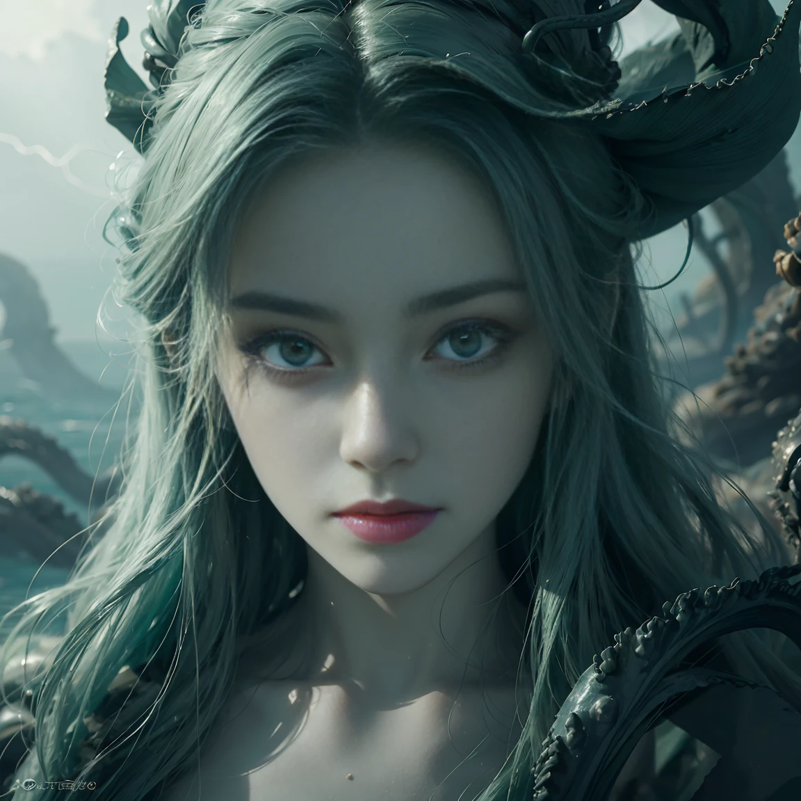 a picture of a sea witch, long green hair, evil, villain, she is coming to you, up close, dark ocean,( underwater:1.1), lightning, bright eyes, wearing a dress made of algae, tentacles, octopus, (up close:1.3)