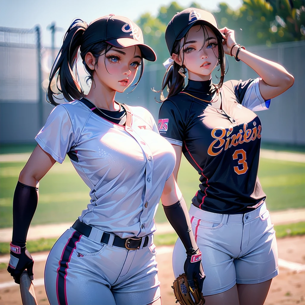  masterpiece, (textured skin), best quality, gorgeous beautiful girl, (a female softball athlete), detailed clothes,large breasts,narrow waist,, (beautiful face), cinematic lighting, (at softball venue ),