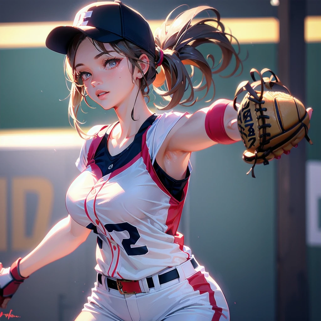  masterpiece, (textured skin), best quality, gorgeous beautiful girl, (a female softball athlete), detailed clothes,large breasts,narrow waist,, (beautiful face), cinematic lighting, (at softball venue ),
