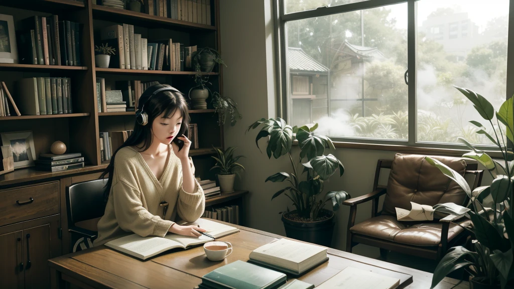 Create a tranquil scene perfect for a lo-fi music video. The setting is a japanese in a cozy study nook in a quiet library. The space features a wooden desk cluttered with open books, a laptop, and a steaming cup of tea. Soft, warm light filters in through a nearby window, casting gentle shadows. An anime-style character sits at the desk, wearing headphones and deeply engrossed in their studies. The background includes shelves filled with books, some green plants for a touch of nature, and soft, ambient colors to evoke a sense of calm and relaxation. The overall atmosphere should be serene and inviting, ideal for a lo-fi music video.
