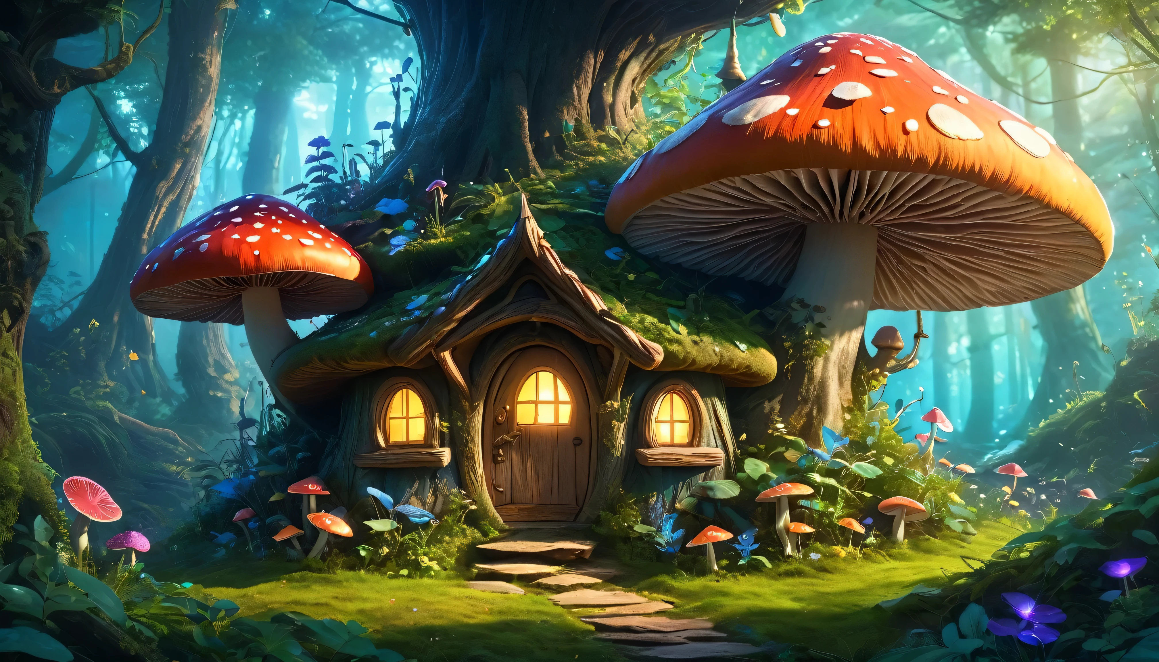 (anime, fantasy, fairy house), (detailed CG unity 8k wallpaper, masterpiece, best quality, ultra-detailed, HDR:1.2), vibrant colors, A fairy mushroom house in an enchanted bioluminescent forest. magical forest, enchanted, beautiful, herbs plant