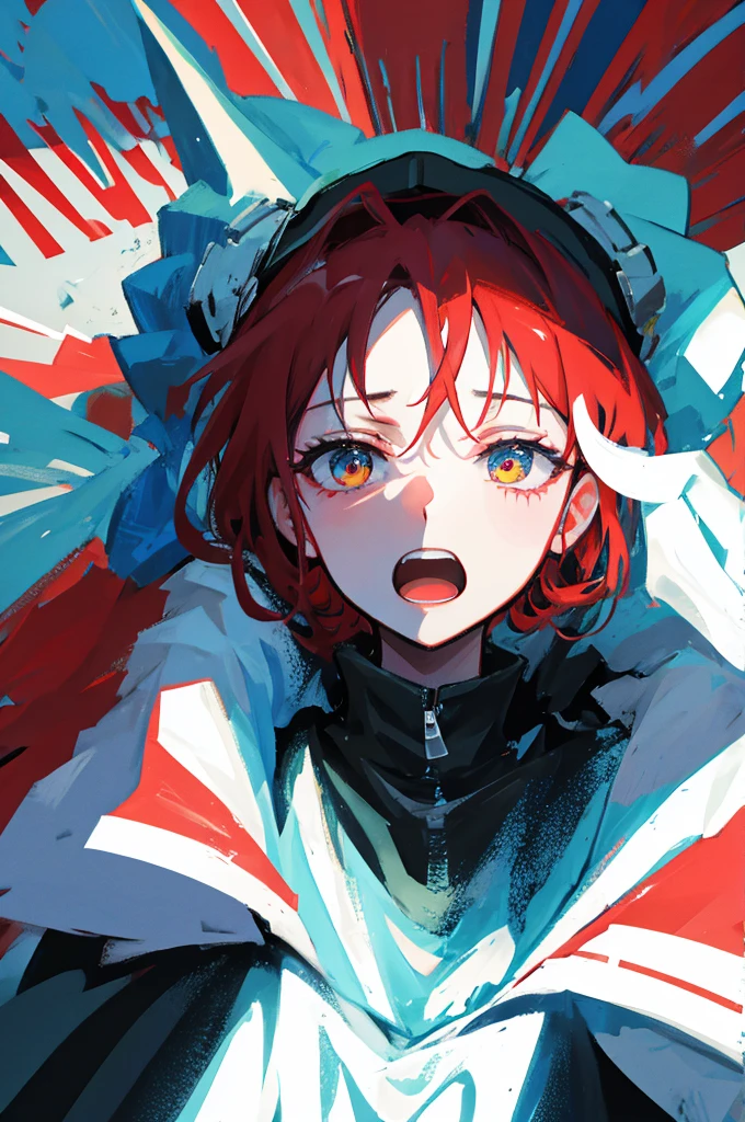 (masterpiece:1.0), (highest quality:1.12), (HDR:1.0), a girl, anime illustration, cover art, (coral:1.1), portrait , red background, teal splash