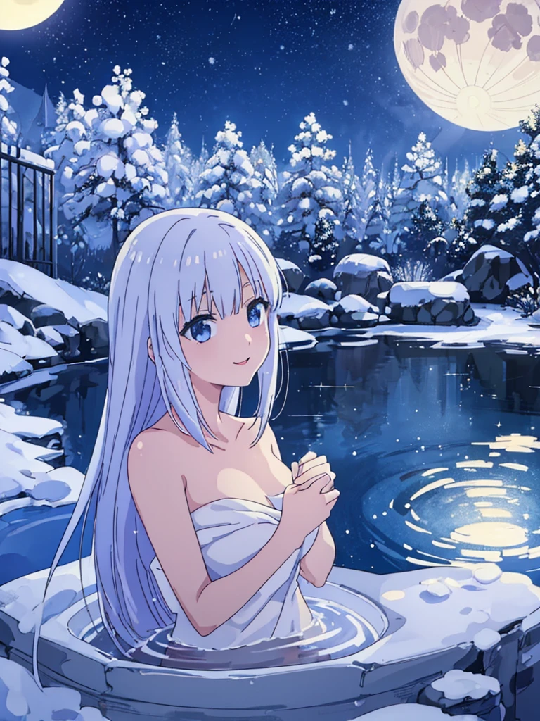 ((greatest masterpiece:1.3, ultimate quality:1.3, ultra-detailed:1.2)), (movie lighting), ((perfectly sensual)), super fine illustration, an extremely delicate and beautiful, 4K, 8K, 16K, UHD, 1 girl, big smile, ((bath towel)), Spotlight on Japanese hot springs, open-air bath, steam, deep at night, Super giant moon, Monts, snow scene, open-air bath, starry sky, multiple men and women,, style of anime 