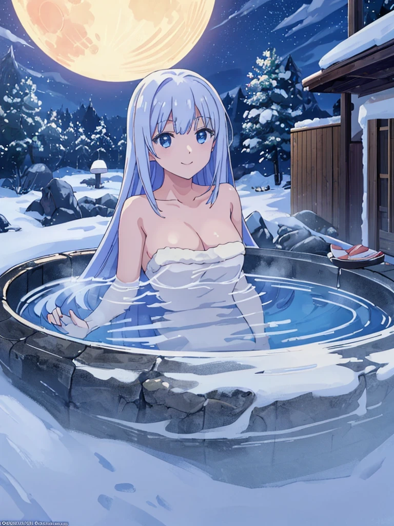 1girl,solo, saorijoumae, saori joumae, blue eyes, blue hair, halo, long hair, tall, teenager, snowy plains, snow, wooden house, window, naked, NSFW:1.3, bathroom, tile floor, sitting on floor, straight legs, spreading legs