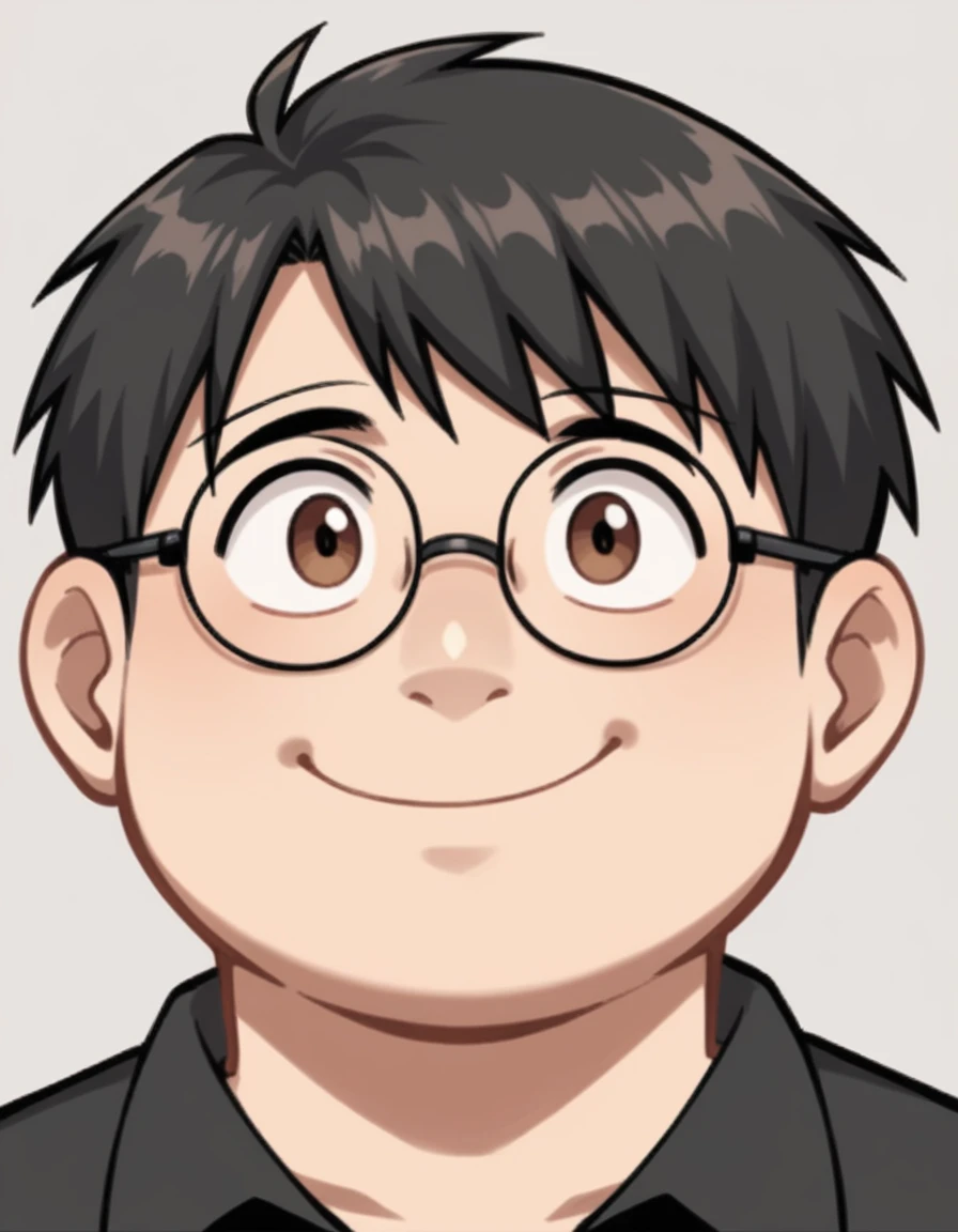 score_9, score_8, One boy,adult, round face,Wearing glasses,short hair,Hair up,Slightly overweight,Black Hair, Brown eyes, Black polo shirt,Slightly sideways, View your viewers, smile, Upper Body, Little