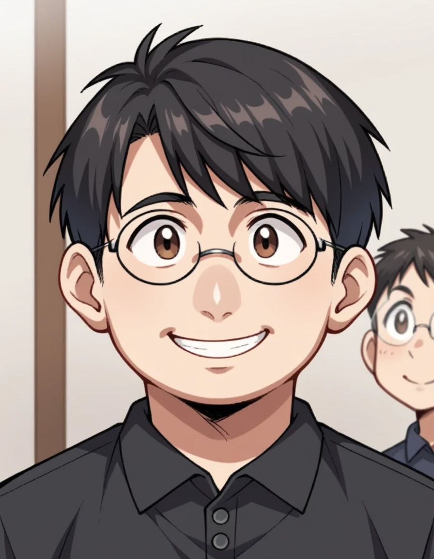 score_9, score_8, One boy,adult, round face,Wearing glasses,short hair,Hair up,Slightly overweight,Black Hair, Brown eyes, Black polo shirt,Slightly sideways, View your viewers, smile, Upper Body, Little