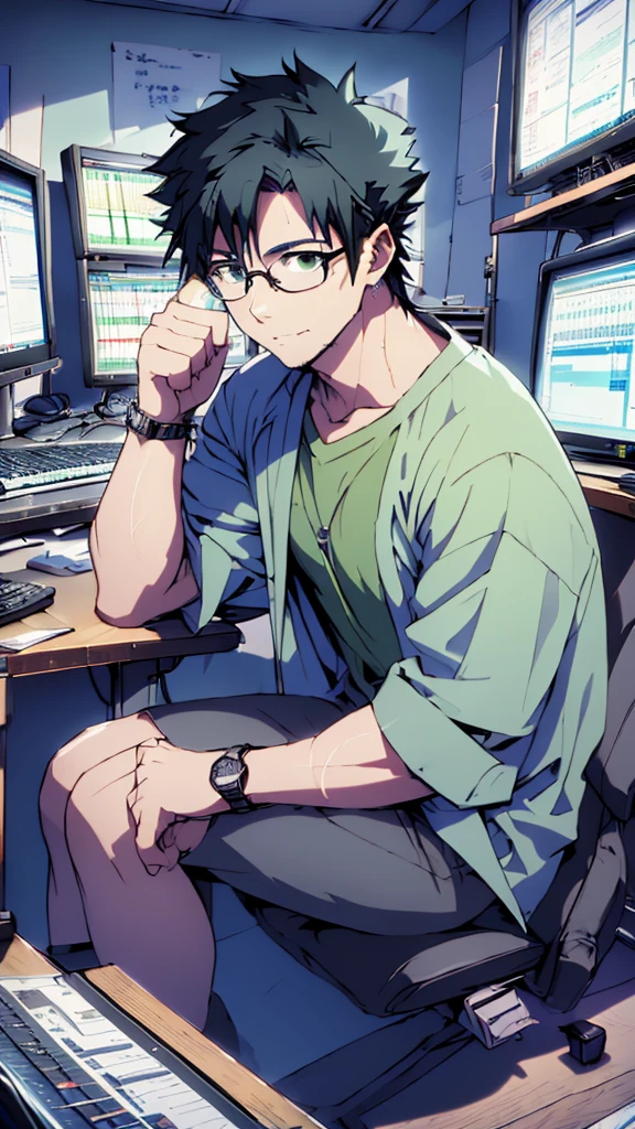 ((Highest quality)), ((masterpiece)), (detailed), Highest quality、High resolution、8K、Wearing a green shirt、With two accurate hands5Finger、One adult male、33 years old、Dark Eyes、Black Hair、Japanese anime-like style、超High resolutionかわいい萌えアニメ8k、handsome face manly、Fake Hawk、 Slender and muscular、Glasses、Sitting in front of a computer in a music studio room analyzing a DAW
