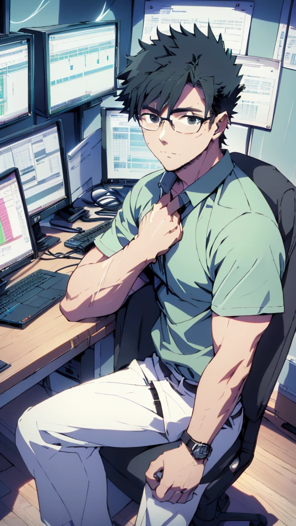 ((Highest quality)), ((masterpiece)), (detailed), Highest quality、High resolution、8K、Wearing a green shirt、With two accurate hands5Finger、One adult male、33 years old、Dark Eyes、Black Hair、Japanese anime-like style、超High resolutionかわいい萌えアニメ8k、handsome face manly、Fake Hawk、 Slender and muscular、Glasses、Sitting in front of a computer in a music studio room analyzing a DAW