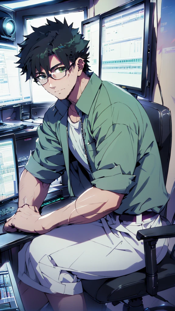 ((Highest quality)), ((masterpiece)), (detailed), Highest quality、High resolution、８K、Wearing a green shirt、With two accurate hands５Finger、One adult male、33 years old、Dark Eyes、Black Hair、Japanese anime-like style、超High resolutionかわいい萌えアニメ8k、handsome face manly、Fake Hawk、 Slender and muscular、Glasses、Sitting in front of a computer in a music studio room analyzing a DAW