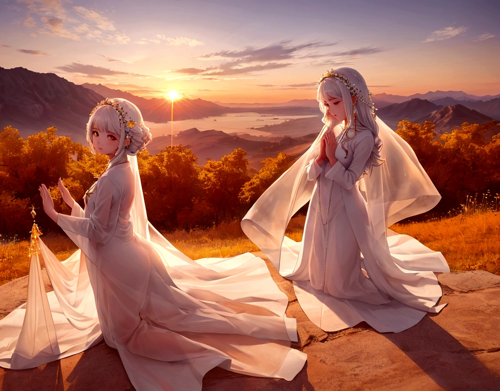 make a beautiful girl in white with transparent clothes almost like an angel praying with an incredible landscape in the background and the sun rising with the colors of dawn with the orange sky and the vibrant sun