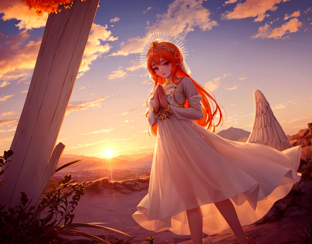 make a beautiful girl in white with transparent clothes almost like an angel praying with an incredible landscape in the background and the sun rising with the colors of dawn with the orange sky and the vibrant sun