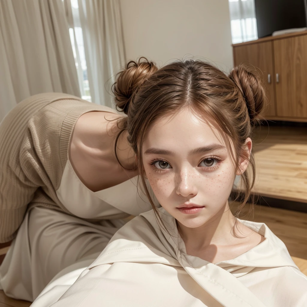 Show me my feminine appearance using a blouse with a low neckline and a long skirt, Light brown bun hair, Light brown eyes, fair skin with freckles, Adidas women's tennis shoes