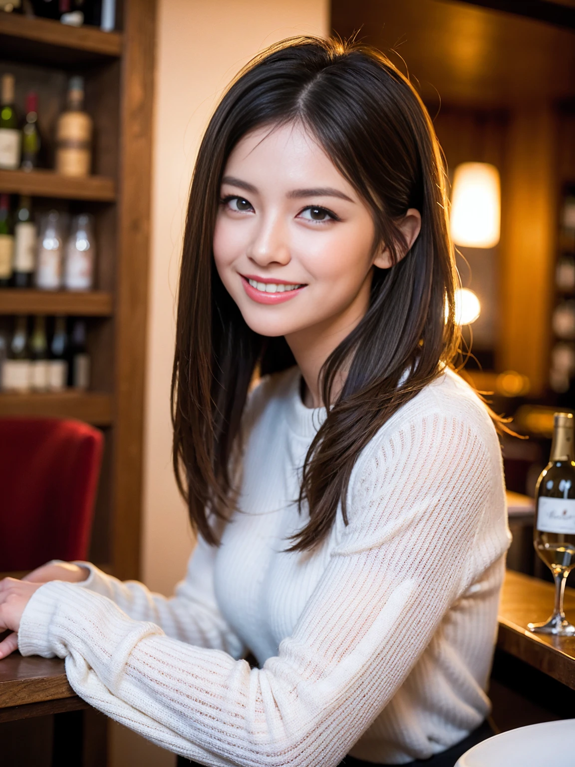 ((Highest quality、8K、masterpiece:1.3))、1 male、1 female、Couple、spouse、Couple、The body is slim、((Bob Hale、Straight hair:1.2)), (Realistic, Intricate details:1.2), テーブルの上のwine glass、Put the light on your face、 Amazing view of the sunset sky and clouds、Amazing mountain views、A bright smile、The wonderfulness of smile、Bright image、The beauty of wine, Beautiful Face, blue eyes, The light shines on your face, Blushing, short hair,Bright Face、 (Age 37), 39 years old, red wine 、Appetizers、Italian food、Wine bottle、Champagne、sparkling wine、Two beauties、Brown Hair、Shortcuts、Long sleeve shirt、dress、Beautiful woman 1, (slimな顔), (The body is slim), (Brown Hair), (Shortcuts), cheeks turn a little red,Attractive beauty、restaurant, In a prominent place (From the waist up) Nova Frog Style, actress, model, Upper Body, White wine, slim, wine glass, 中央に置かれたwine glass, smile, (smile: 1.15), Beautiful fine grain, Depth f/2,saturation, High Contrast, Strong light and shadow,Moist Body:1.5、3D texture、Delicate eyes、Brown Hair、The hair is very shiny、
