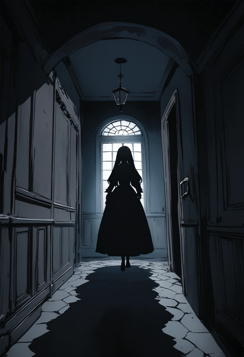Outside of a creepy mansion. There's a shadow of a woman in the window looks scary. Dark atmosphere.