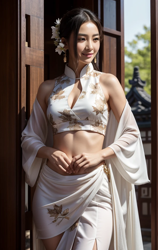 Best Quality, Masterpiece, Ultra High Resolution, (Realistic: 1.4), Xiuxian, Smiling, Shy, Belly Button, Delicate Makeup, Gorgeous Jewelry, Horse Face Dress, Detail Face,, 1 girl, white clothes, lotus print, maple leaf print, solo, weapon, (magic circle: 1.2), Xiuxian, upper body, beautiful girl, half-body, East Asian architecture, sheath, construction,