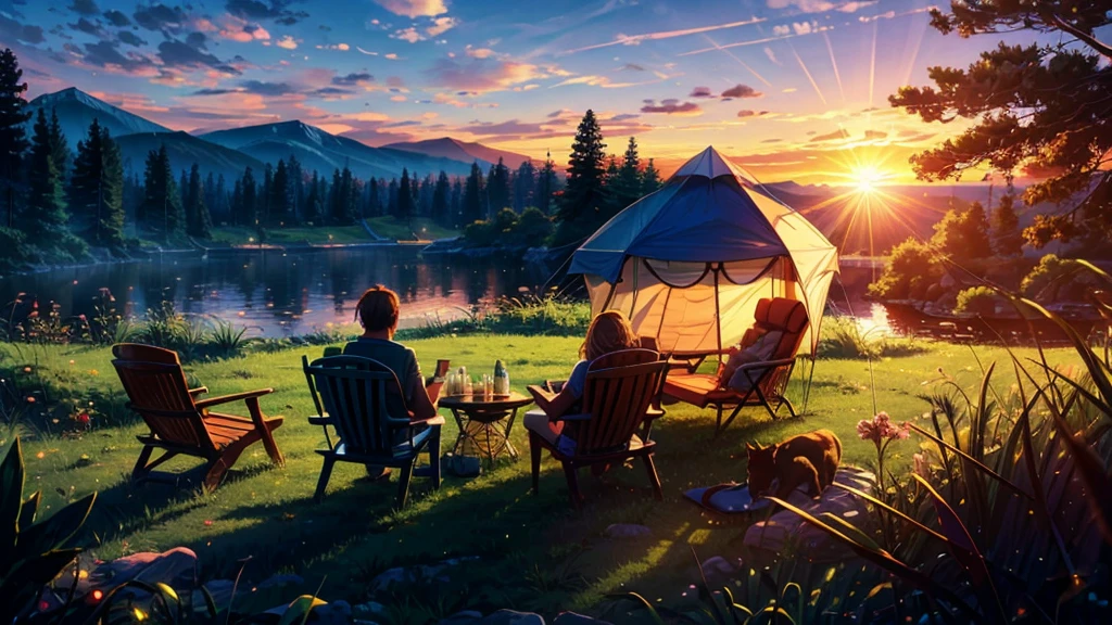 beautiful sunset, lover couples drinking coffee in chair facing the sun, Take a break (Masterpiece, best quality:1.2), outdoor, nature, forest, pine, grass, tall grass, detailed grass, plant, day, cloud, caravan, dog, tent, coffee