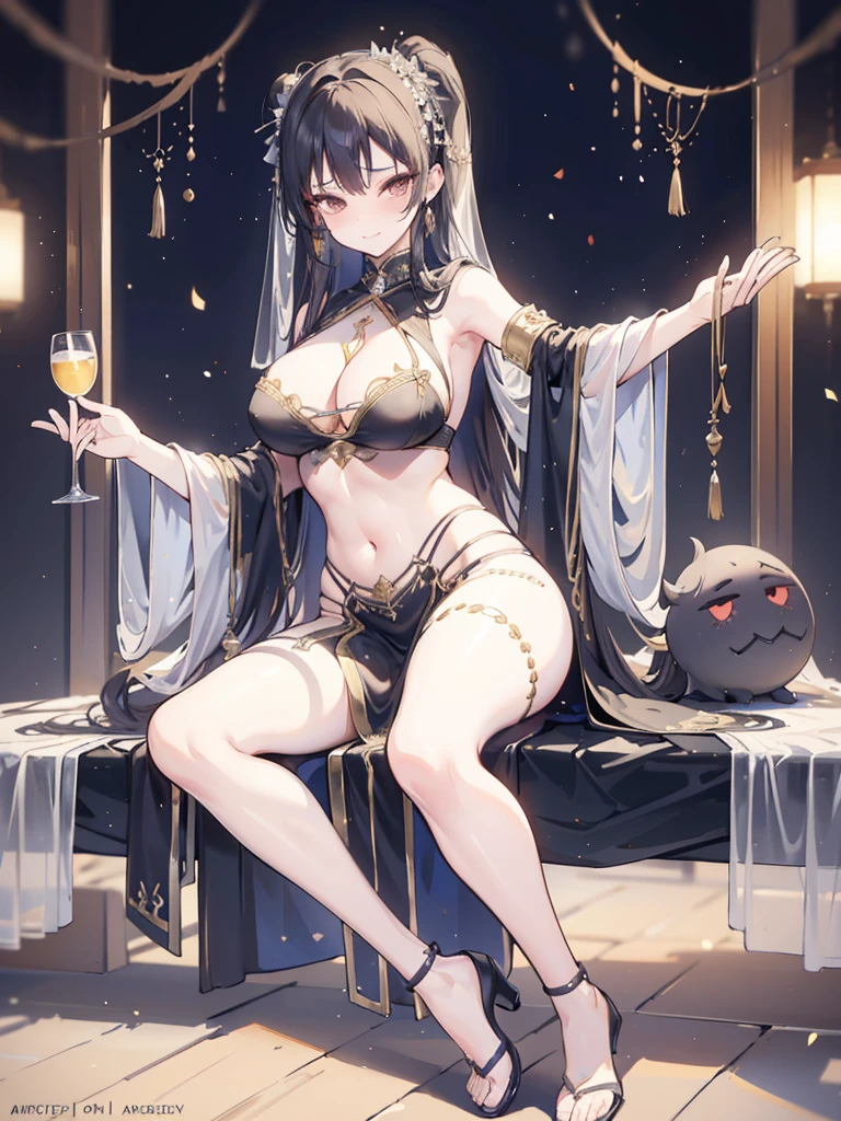 Tavern dancer, wide hips, thick thighs, slim, fit and toned, medium breast, revealing dress, harem dancer, (pelvic veil) ,(see through pelvic veil) , string panty, huge cleavage, ( jewelry) , long black hair, 2 twin tail, straight hair, brown eyes, naughty face, seductive smirk, 2 twin tails hairstyle/ pigtail hairstyle, solo, 1girl , belly dancer, medieval dress, arabic style, Indian style, (mature face) , seductive smile, smirk, seductive face, 
Background brothel, background tavern, blurry background, (dancing on table) , (sitting on table) 