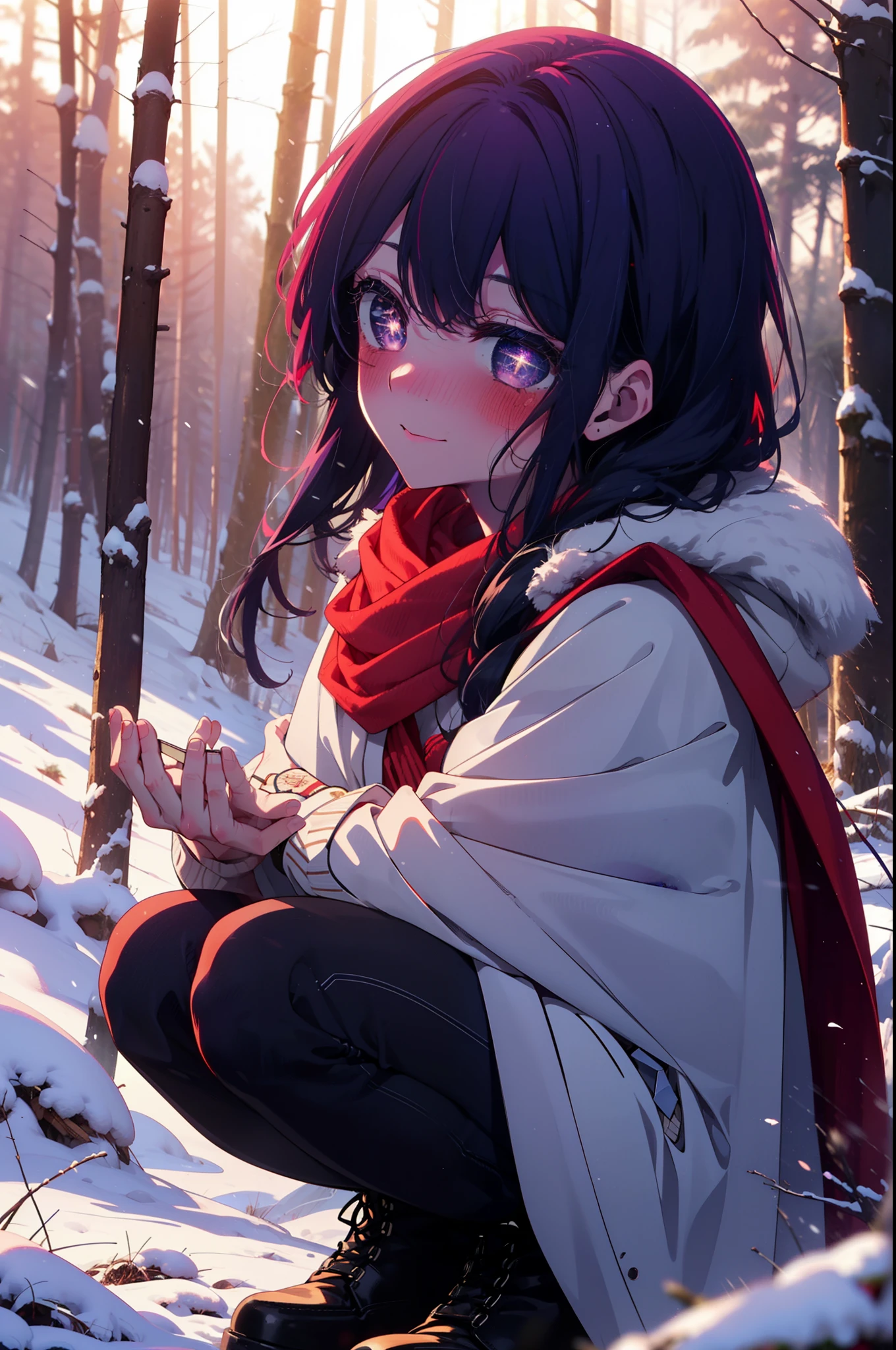 aihoshino, Ai Hoshino, Long Hair, bangs, (Purple eyes:1.1), Purple Hair, (Symbol-shaped pupil:1.5), smile,,smile,blush,White Breath,
Open your mouth,snow,Ground bonfire, Outdoor, boots, snowing, From the side, wood, suitcase, Cape, Blurred, , forest, White handbag, nature, Squat, Mouth closed, Cape, winter, Written boundary depth, Black shoes, red Cape break looking at viewer, Upper Body, whole body, break Outdoor, forest, nature, break (masterpiece:1.2), Highest quality, High resolution, unity 8k wallpaper, (shape:0.8), (Beautiful and beautiful eyes:1.6), Highly detailed face, Perfect lighting, Extremely detailed CG, (Perfect hands, Perfect Anatomy),