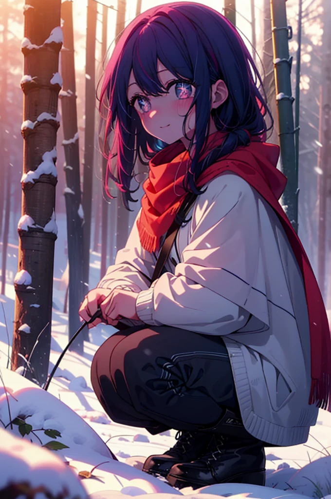 aihoshino, Ai Hoshino, Long Hair, bangs, (Purple eyes:1.1), Purple Hair, (Symbol-shaped pupil:1.5), smile,,smile,blush,White Breath,
Open your mouth,snow,Ground bonfire, Outdoor, boots, snowing, From the side, wood, suitcase, Cape, Blurred, , forest, White handbag, nature, Squat, Mouth closed, Cape, winter, Written boundary depth, Black shoes, red Cape break looking at viewer, Upper Body, whole body, break Outdoor, forest, nature, break (masterpiece:1.2), Highest quality, High resolution, unity 8k wallpaper, (shape:0.8), (Beautiful and beautiful eyes:1.6), Highly detailed face, Perfect lighting, Extremely detailed CG, (Perfect hands, Perfect Anatomy),