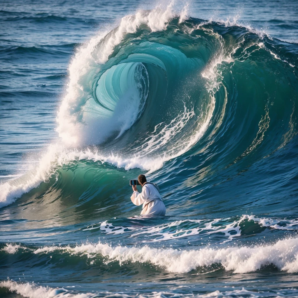 4K hyperrealistic photo of the prophet Moses followed by his followers taking a selfie with a mobile phone. The sea is open creating a path and there are waves on one side and the other.