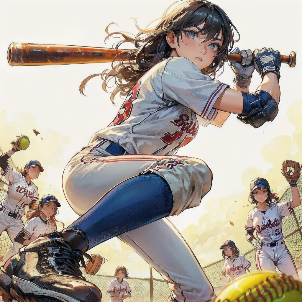 masterpiece, (textured skin), best quality, gorgeous beautiful girl, (a female softball athlete), detailed clothes,large breasts,narrow waist,, (beautiful face), cinematic lighting, (at softball venue ),