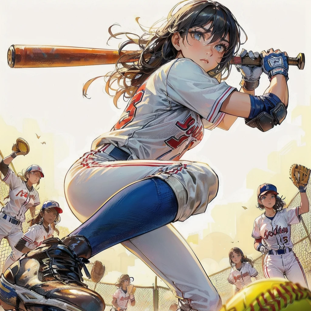 masterpiece, (textured skin), best quality, gorgeous beautiful girl, (a female softball athlete), detailed clothes,large breasts,narrow waist,, (beautiful face), cinematic lighting, (at softball venue ),