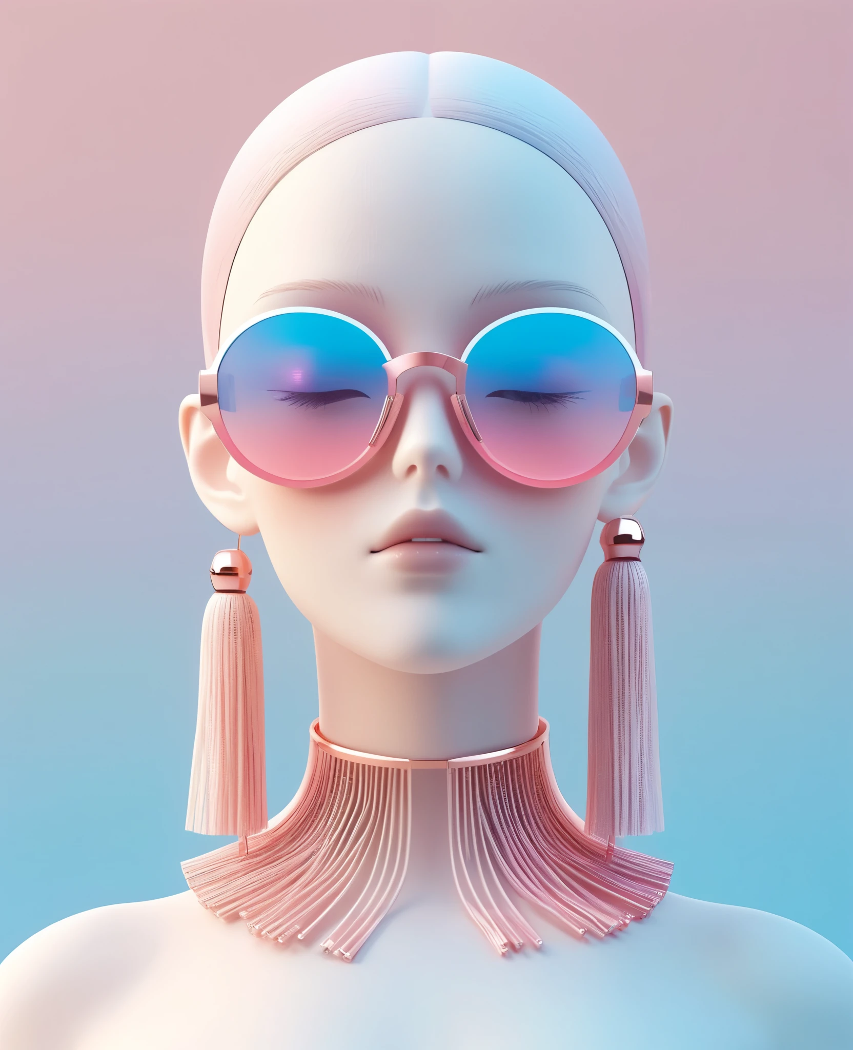 3D illustration of upper body and face of artificial intelligence model wearing futuristic glasses, Stylish glasses with tassels，Gradient background, Pastel color palette, pink blue, Simplicity, Matte plastic surface, Surrealism,