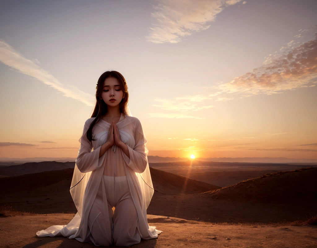 make a beautiful girl in white with transparent clothes almost like an angel praying with an incredible landscape in the background and the sun rising with the colors of dawn with the orange sky and the vibrant sun