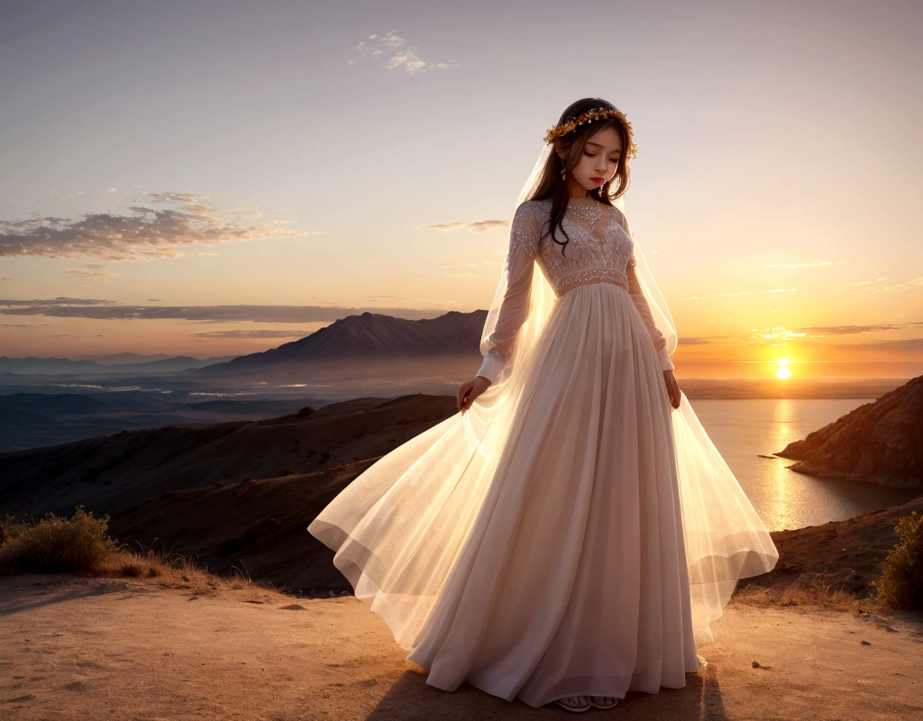 make a beautiful girl in white with transparent clothes almost like an angel praying with an incredible landscape in the background and the sun rising with the colors of dawn with the orange sky and the vibrant sun
