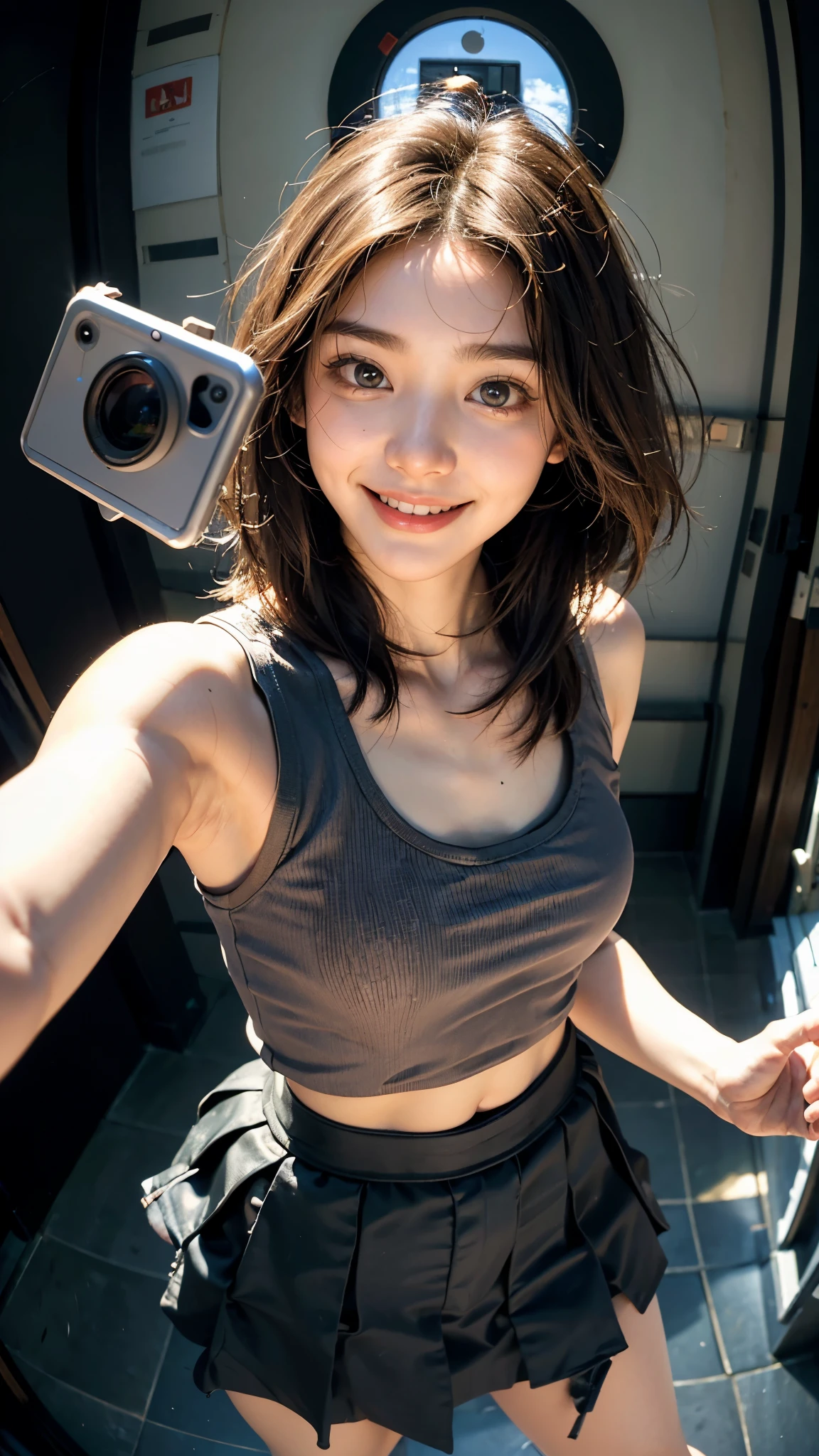 Highest quality, masterpiece, Ultra-high resolution,8K, (Realistic:1.6), (Face-to-face selfie portrait) ,((On top of a tall tower))、RAW Photos, 1 Girl,(Full of smiles, Showing teeth)), 22 years old,((Korean Idol,Tank top)),((Miniskirt uniform and undershorts)),((Straight black very short hair)),((Looking up at the audience)),Face Focus:1.4,((Selfie taken with a fisheye lens:1.4)),((High Attractions Top Background)), Image Media Chest)),((Smiling with teeth showing)),